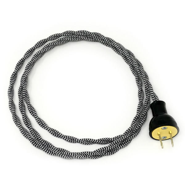 Black and White Cloth Covered Twisted Cord with Black Plug - Nostalgicbulbs.com