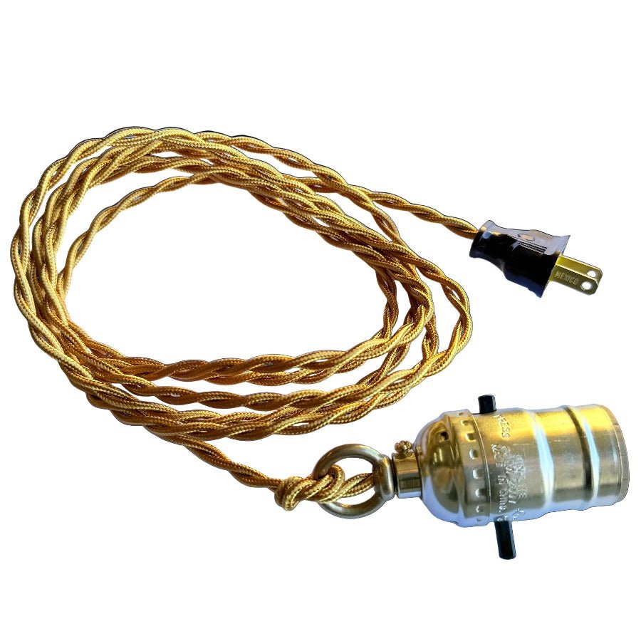 Gold Twisted Cloth Cord Lamp with Loop Grip and On/Off Socket - Nostalgicbulbs.com