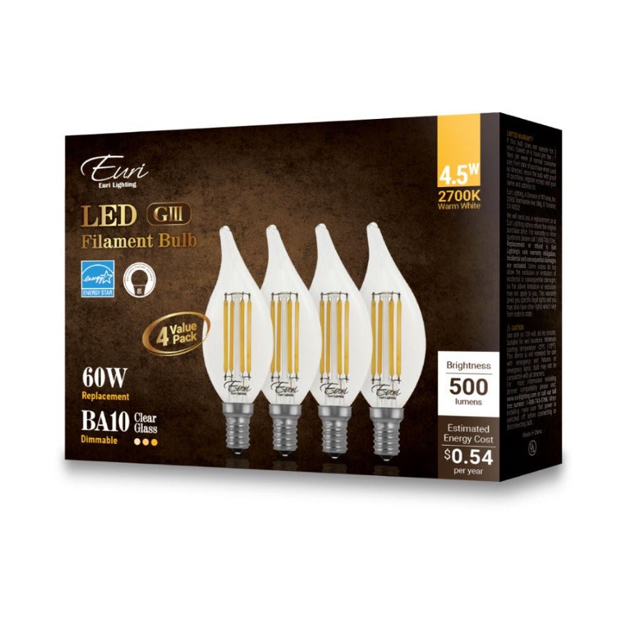 LED Chandelier Filament Bulb 60 - Watt Equivalent CA10 - Clear - 4 Pack - Nostalgicbulbs.com