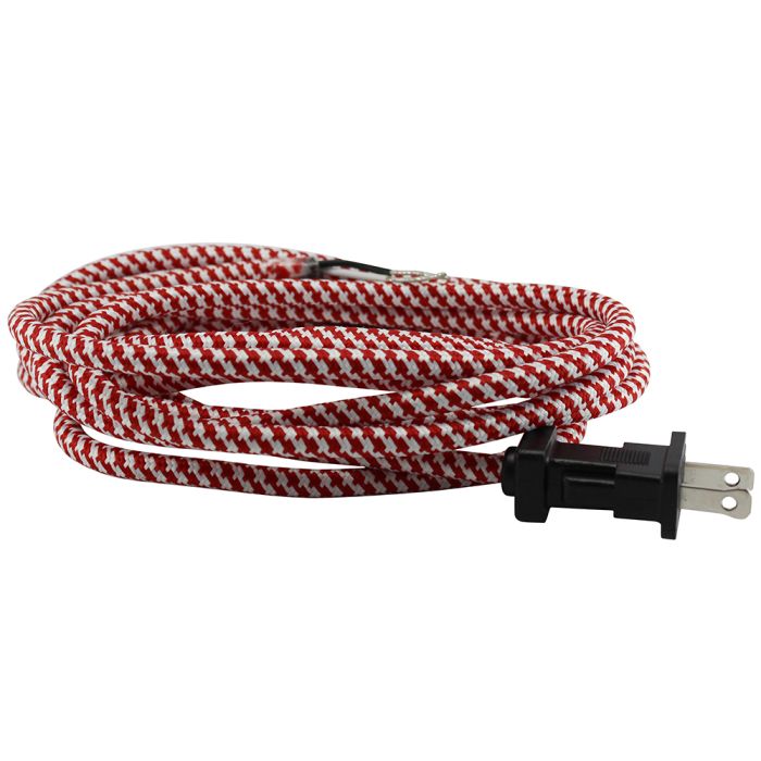 Red and White Cloth Covered Cord with molded Plug - 16 AWG - 10 ft. - Nostalgicbulbs.com