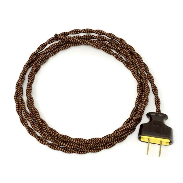 Twisted Black and Copper Cloth Covered Cord with Brown Plug - Nostalgicbulbs.com
