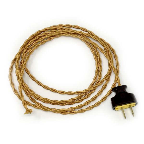 Twisted Gold Cloth Covered Cord with Brown Plug - Nostalgicbulbs.com