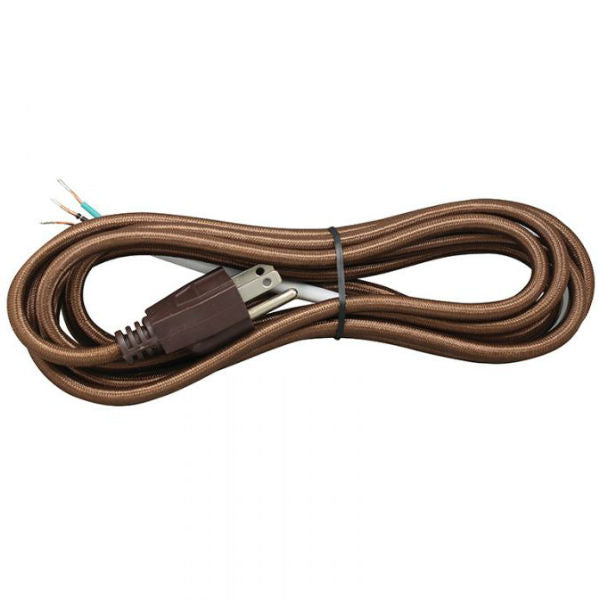 Brown Cloth Covered Cord with molded Plug - 3 Conductor - 11 ft.