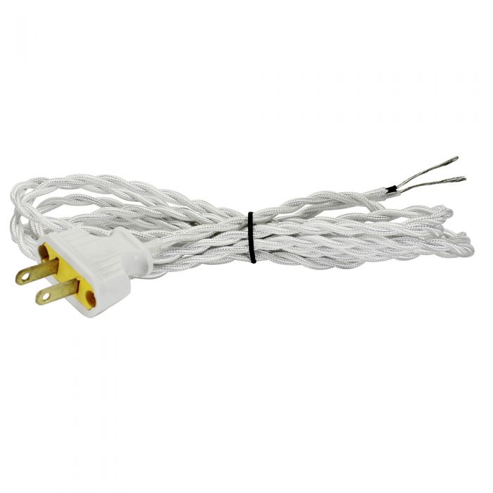 Twisted White Cloth Covered Cord with White Plug - 8 ft.