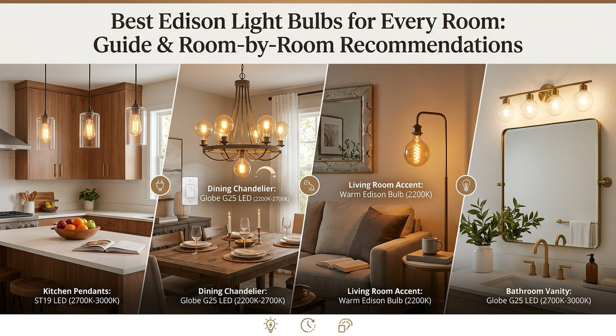 Room-by-room Edison bulb lighting guide showing kitchen island ST19 LED pendants, a dining chandelier with G25 globe LED bulbs, a living room floor lamp, and a modern brass bathroom vanity fixture with color temperatures