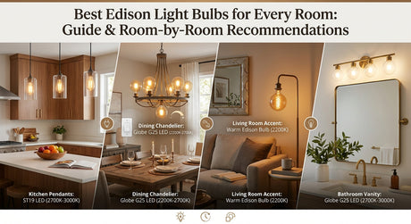 Room-by-room Edison bulb lighting guide showing kitchen island ST19 LED pendants, a dining chandelier with G25 globe LED bulbs, a living room floor lamp, and a modern brass bathroom vanity fixture with color temperatures