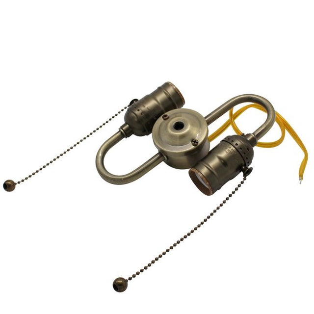 2-Light Pull Chain Cluster Socket – Antique Brass Steel | 14" Gold Leads - Nostalgicbulbs.com