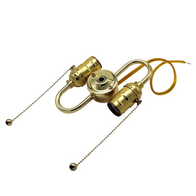 2-Light Pull Chain Cluster Socket – Polished Brass Steel | 14" Gold Leads - Nostalgicbulbs.com