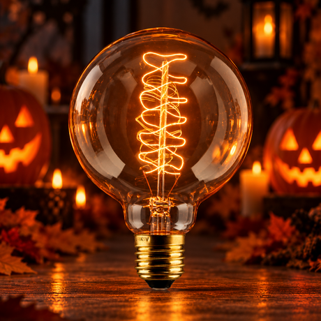 Spiral filament globe vintage bulb with haunted Halloween Glow