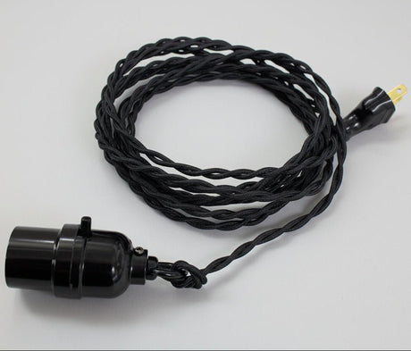Black Twisted Cloth Cord Lamp w/ Loop Grip & Cage – Plug - In Pendant Light - Nostalgicbulbs.com