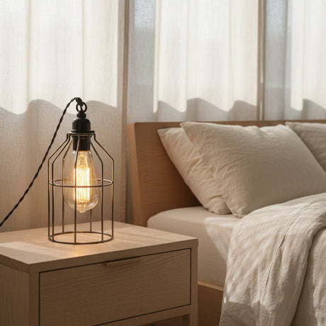 Black Twisted Cloth Cord Lamp w/ Loop Grip & Cage – Plug - In Pendant Light - Nostalgicbulbs.com