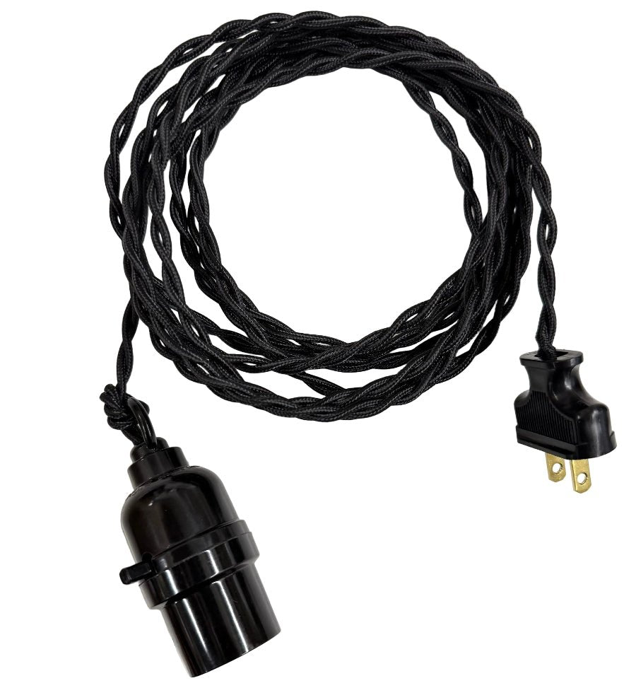 Black Twisted Cloth Cord Lamp w/ Loop Grip & Cage – Plug - In Pendant Light - Nostalgicbulbs.com