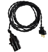 Black Twisted Cloth Cord Lamp w/ Loop Grip & Cage – Plug - In Pendant Light - Nostalgicbulbs.com