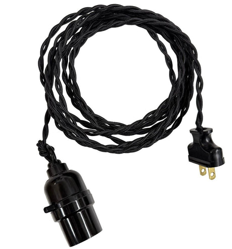 Black Twisted Cloth Cord Lamp w/ Loop Grip & Cage – Plug - In Pendant Light - Nostalgicbulbs.com