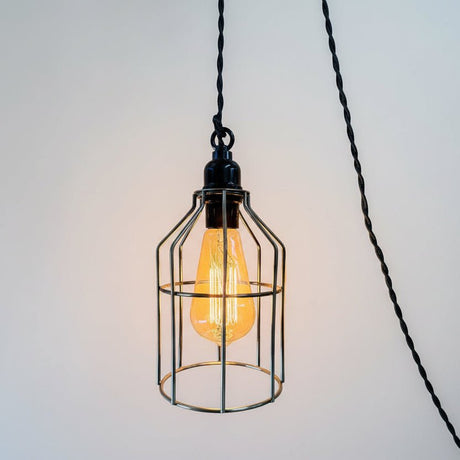 Black Twisted Cloth Cord Lamp w/ Loop Grip & Cage – Plug - In Pendant Light - Nostalgicbulbs.com