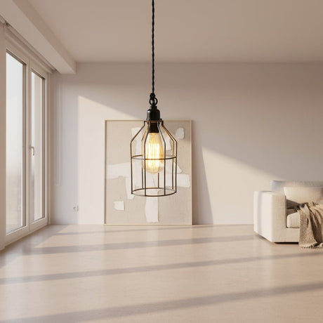 Black Twisted Cloth Cord Lamp w/ Loop Grip & Cage – Plug - In Pendant Light - Nostalgicbulbs.com