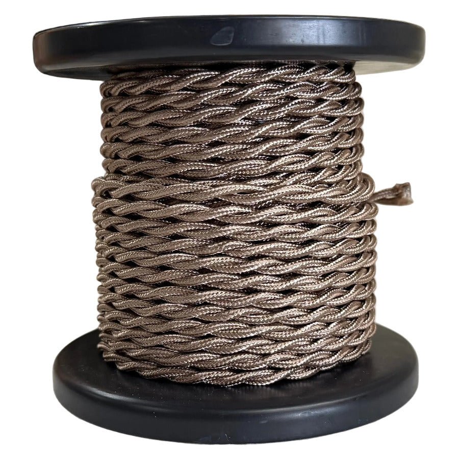 Light Brown Cloth Covered Twisted Cord - 100 foot spool - 18 AWG - Nostalgicbulbs.com