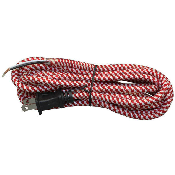 Red and White Cloth Covered Cord with molded Plug - 10 ft.
