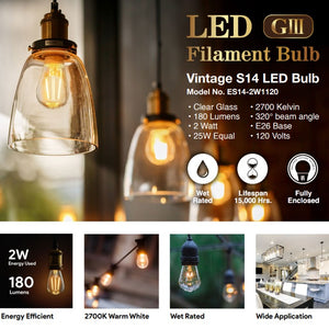 LED Filament S14 Bulb - 2 Watt - 180 Lumens - Clear - 2700K